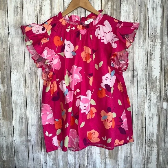 Oddy Pink Flutter Sleeve Floral Blouse - Picture 2 of 6